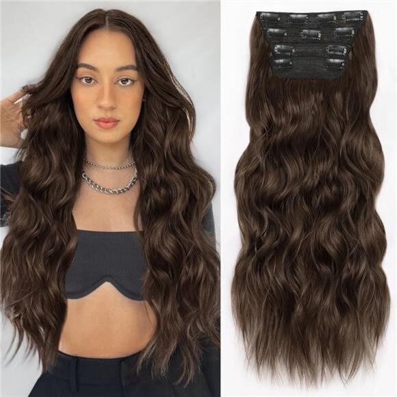 Clip in Hair Extensions for Women,Chocolate Brown with Dark Brown Long